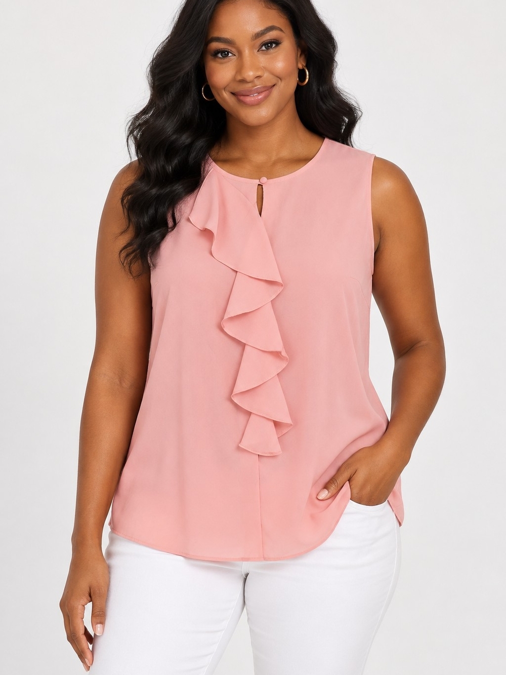 Blush Pink Sleeveless Ruffle Front Blouse – Feminine Dressy Top